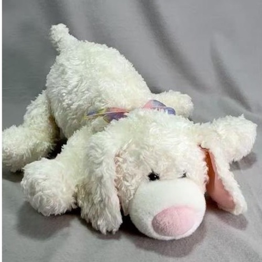 Vintage GUND 4092 Plush Cream Ivory Lying Dog Floppy Easter‎ Puppy Pink Nose Bow